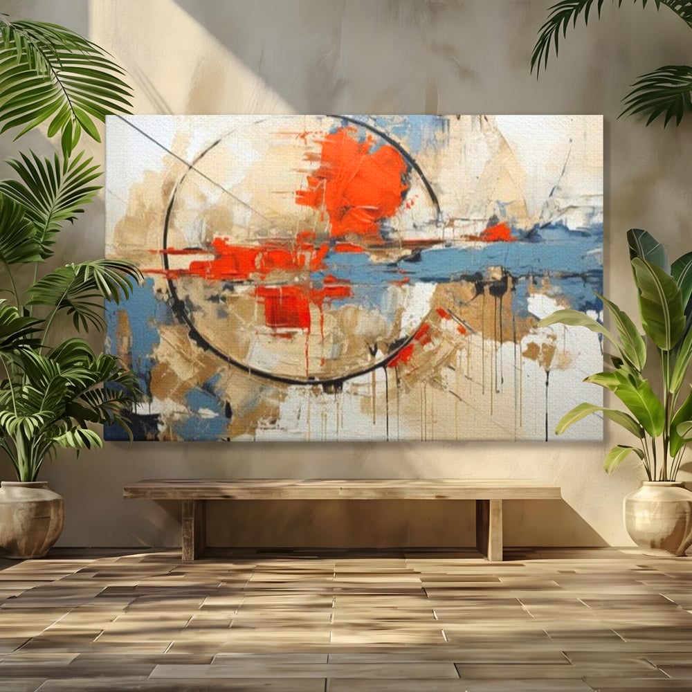 Tablou canvas cu pictura abstracta cu cerc negru si pete rosii, fara rama, pe sasiu de lemn